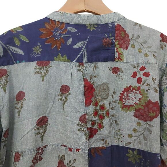 Vintage Goa Top Womens Large Gray Floral Roll Tan Sleeve Bohemian Lagenlook - Picture 6 of 12
